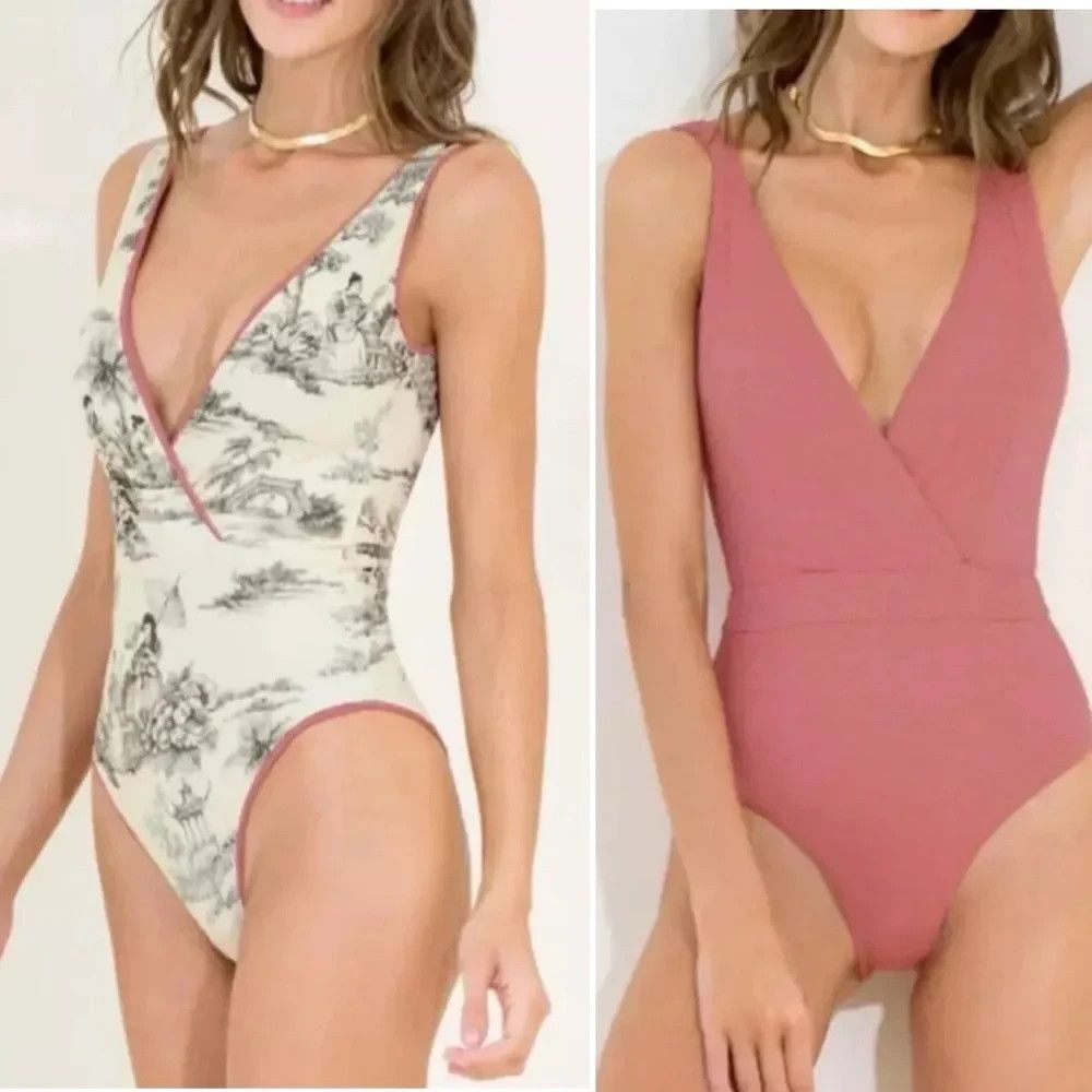 Maaji Watermelon Pique Serenna Reversible V Neck Plunge One-Piece Swimsuit S
